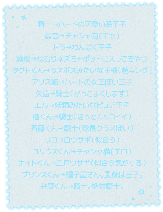 春一→王子　麗音→チャシャ猫（エセ）　トラ→王子　凛桜→ねむりネズミ　タクト→ラスボスみたいな王様（超キング）　アリス→ハートの女王ぽい王子　久遠→騎士（かっこよくします）　エル→王子　椿→騎士　斉藤→騎士　リコ→白ウサギ　ユリウス→チャシャ猫（エロ）　ナイト→三月ウサギ　プリンス→帽子屋さん。風貌は王子ね。　弁慶→騎士。絶対騎士。