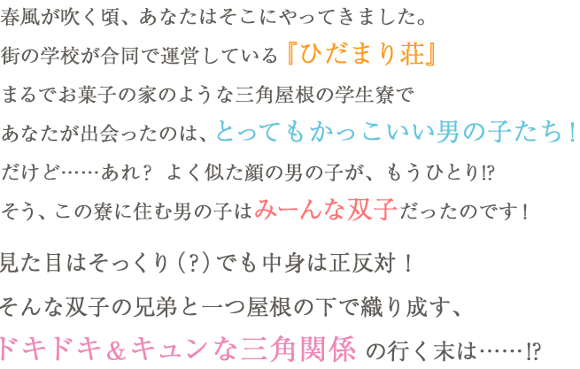 春風が吹く頃、あなたはそこにやってきました。街の学校が合同で運営している『ひだまり荘』まるでお菓子の家のような三角屋根の学生寮であなたが出会ったのは、とってもかっこいい男の子たち！だけど……あれ？ よく似た顔の男の子が、もうひとり!?そう、この寮に住む男の子はみーんな双子だったのです！見た目はそっくり（？）でも中身は正反対！そんな双子の兄弟と一つ屋根の下で織り成す、ドキドキ＆キュンな三角関係 の行く末は……!?